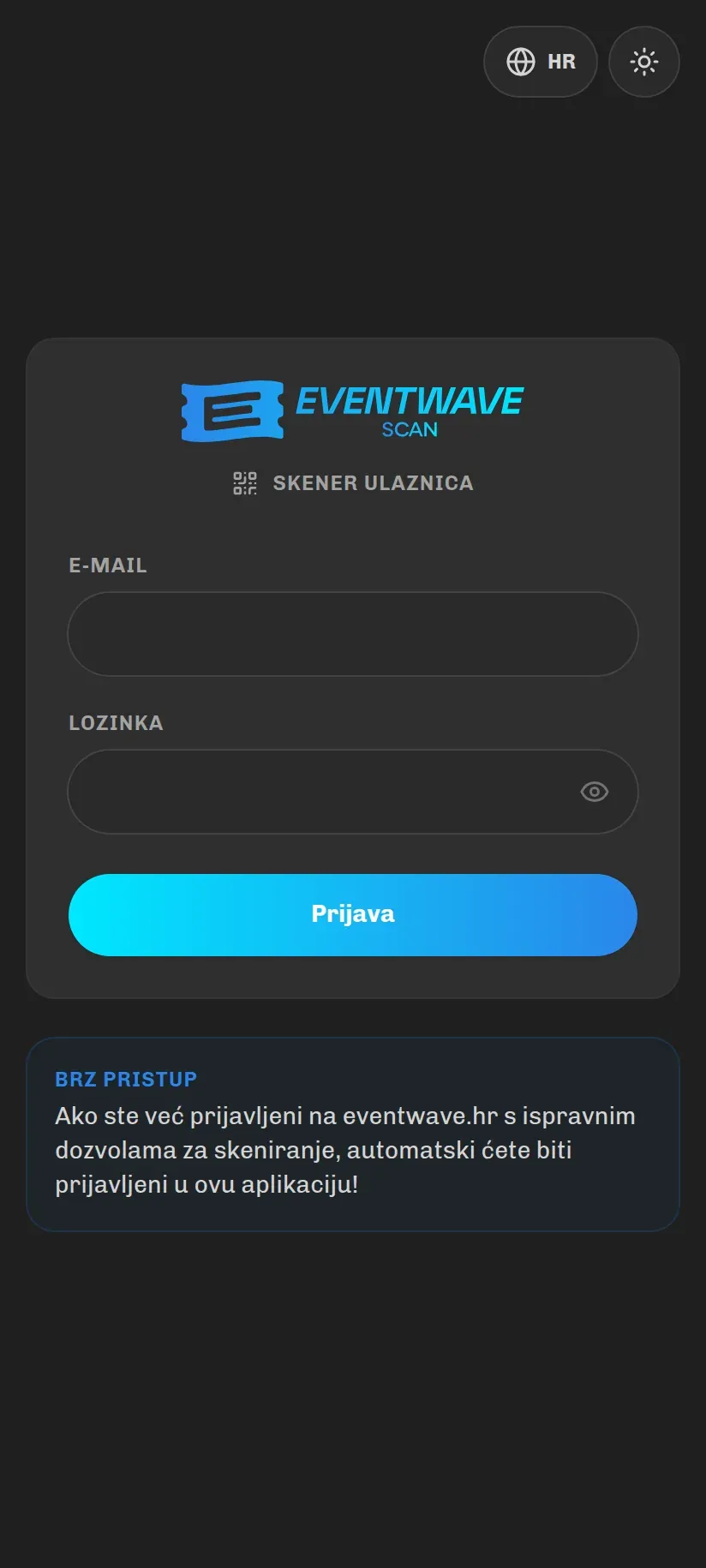 Zaslon za prijavu u Eventwave Scan