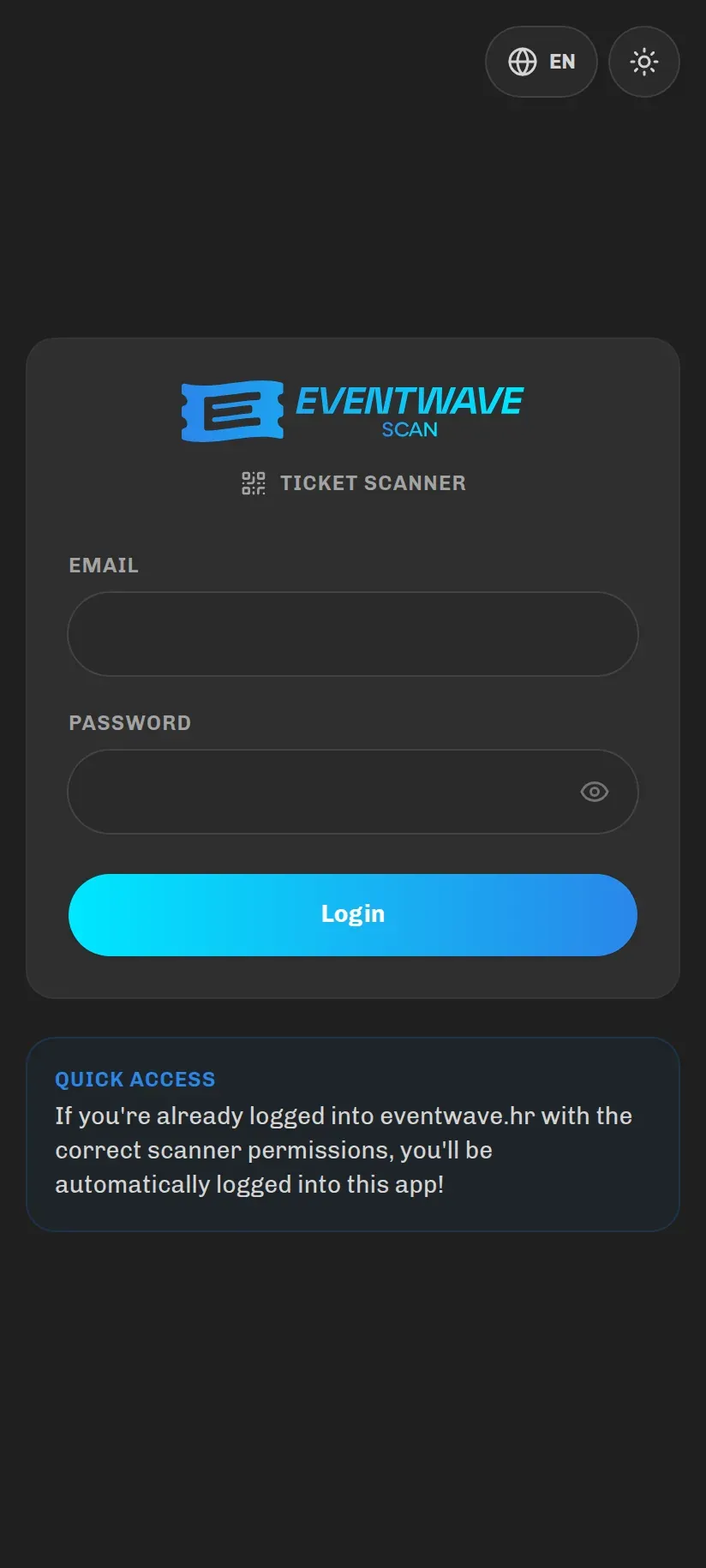 The Eventwave Scan login screen