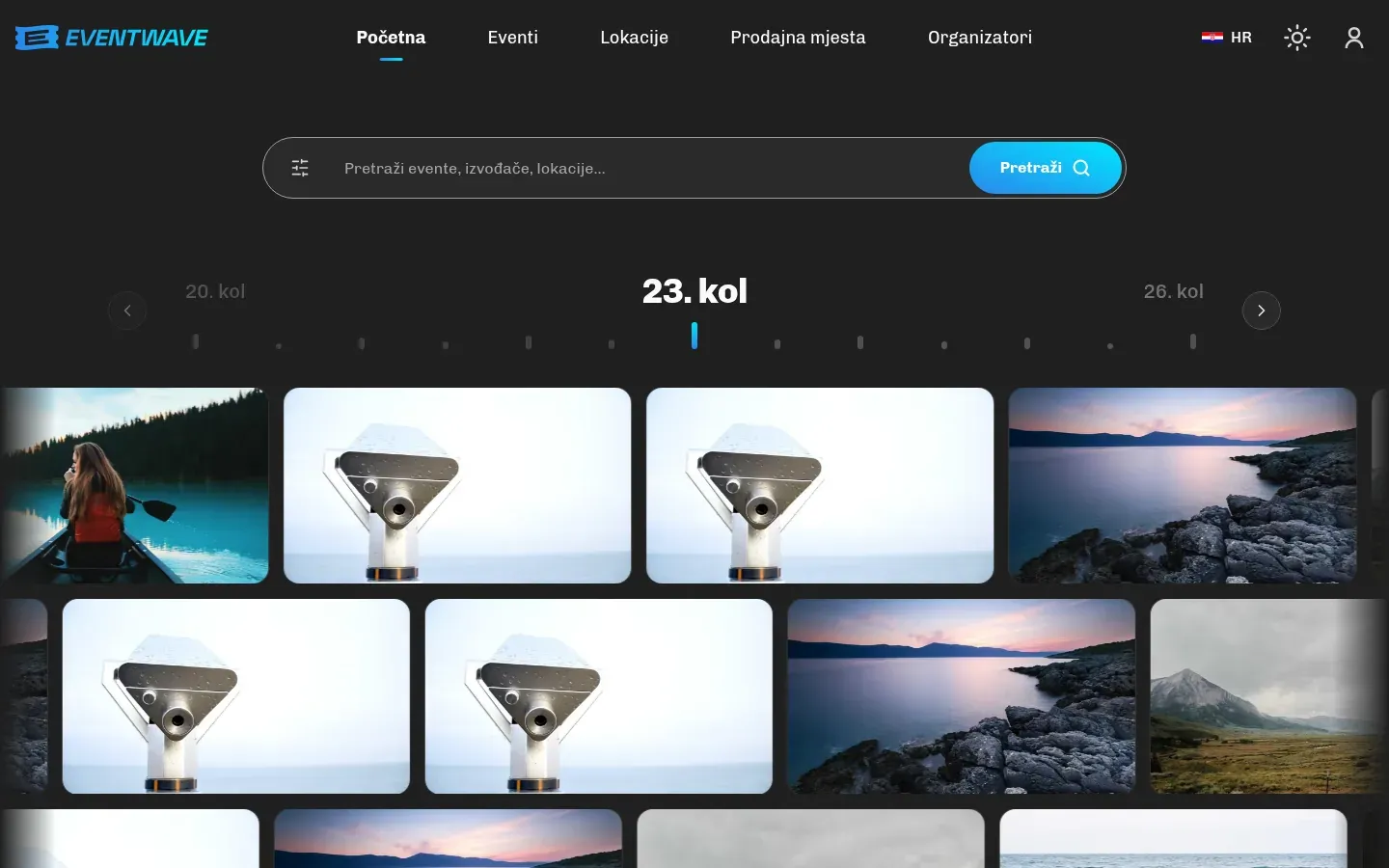 Eventwave naslovnica: pretraga, vremenska crta i mreža evenata