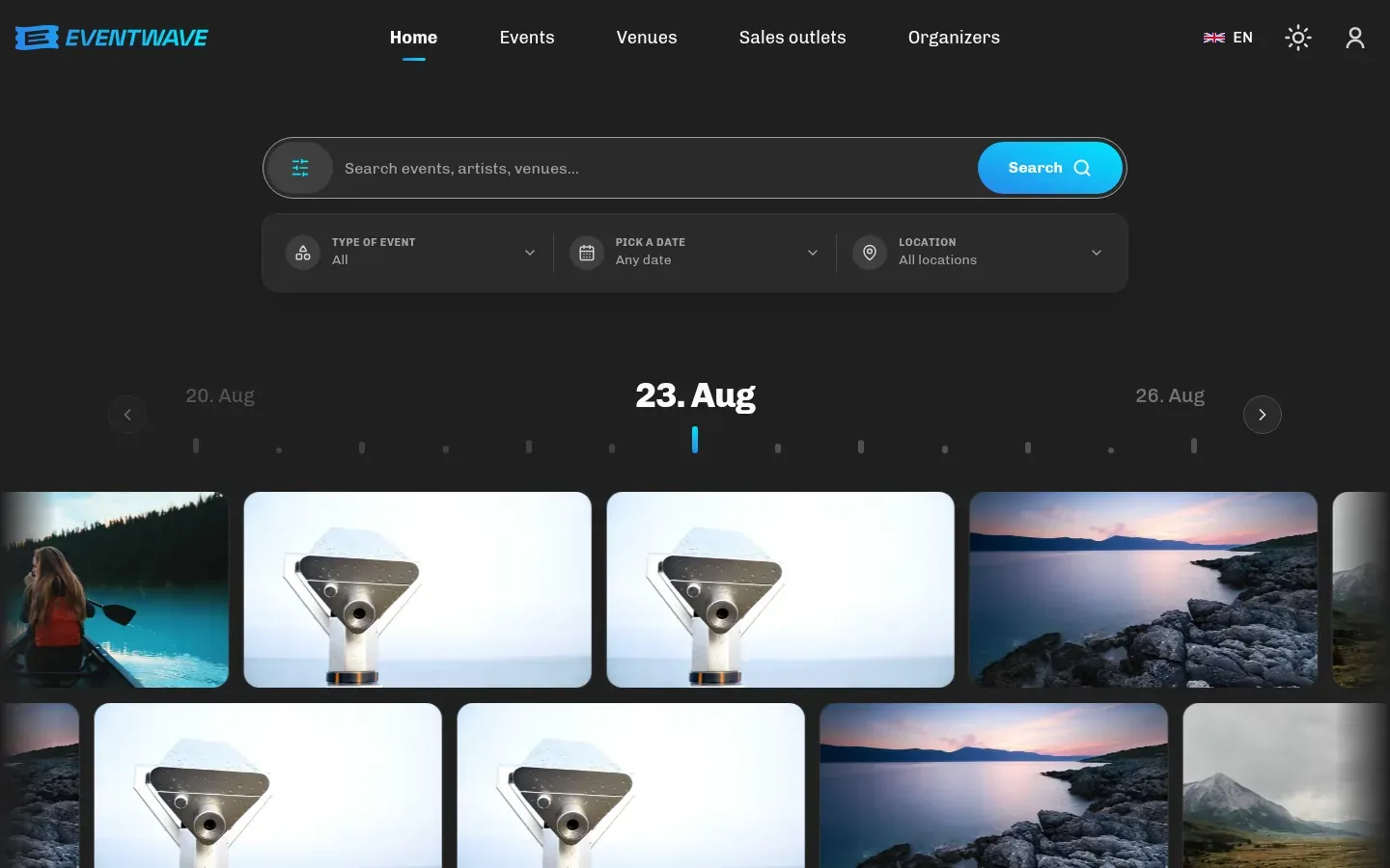 Homepage with the search filters open: category, city and date