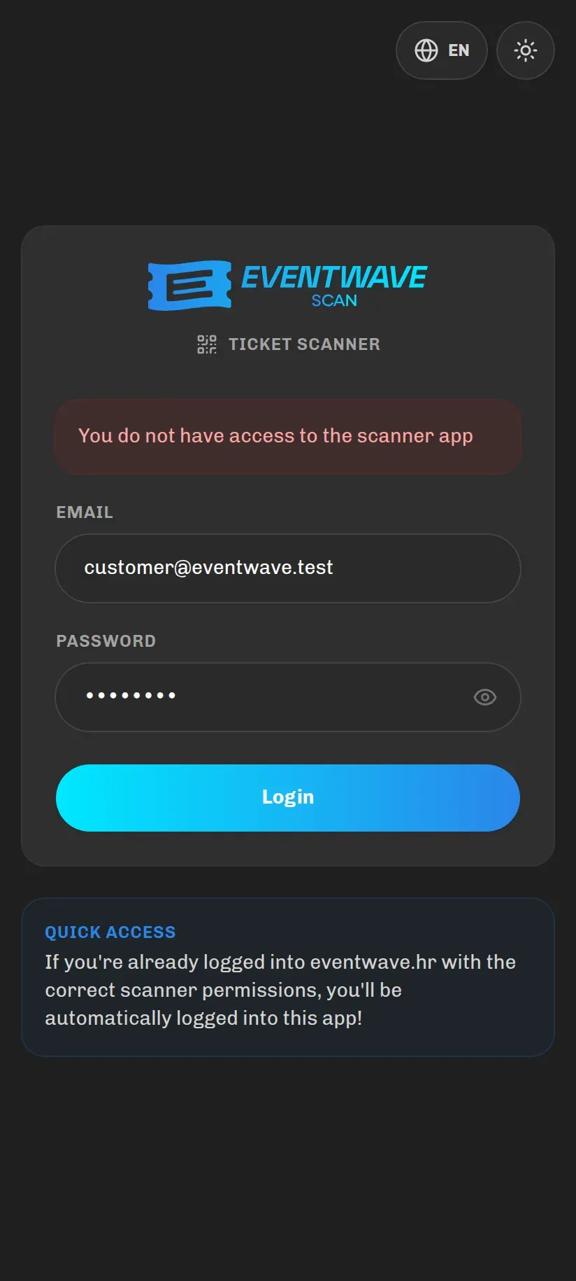 The message shown when an account has no scanning rights