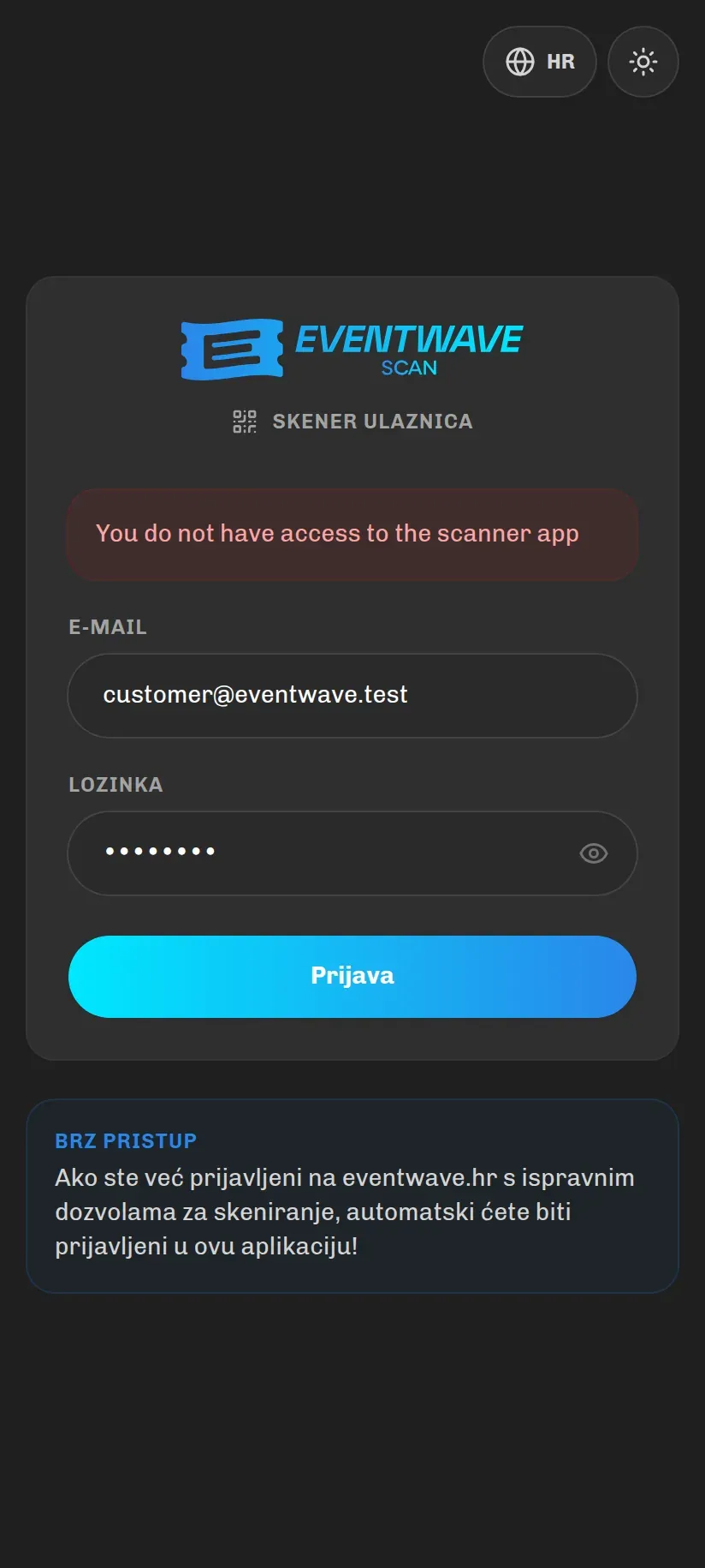 Poruka kad račun nema pravo skeniranja