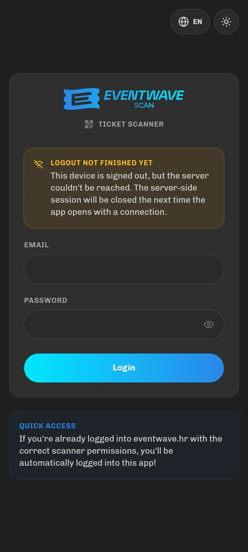 The yellow Logout not finished yet notice on the login screen