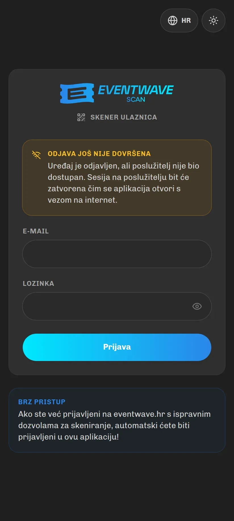 Žuta obavijest Odjava još nije dovršena na zaslonu za prijavu