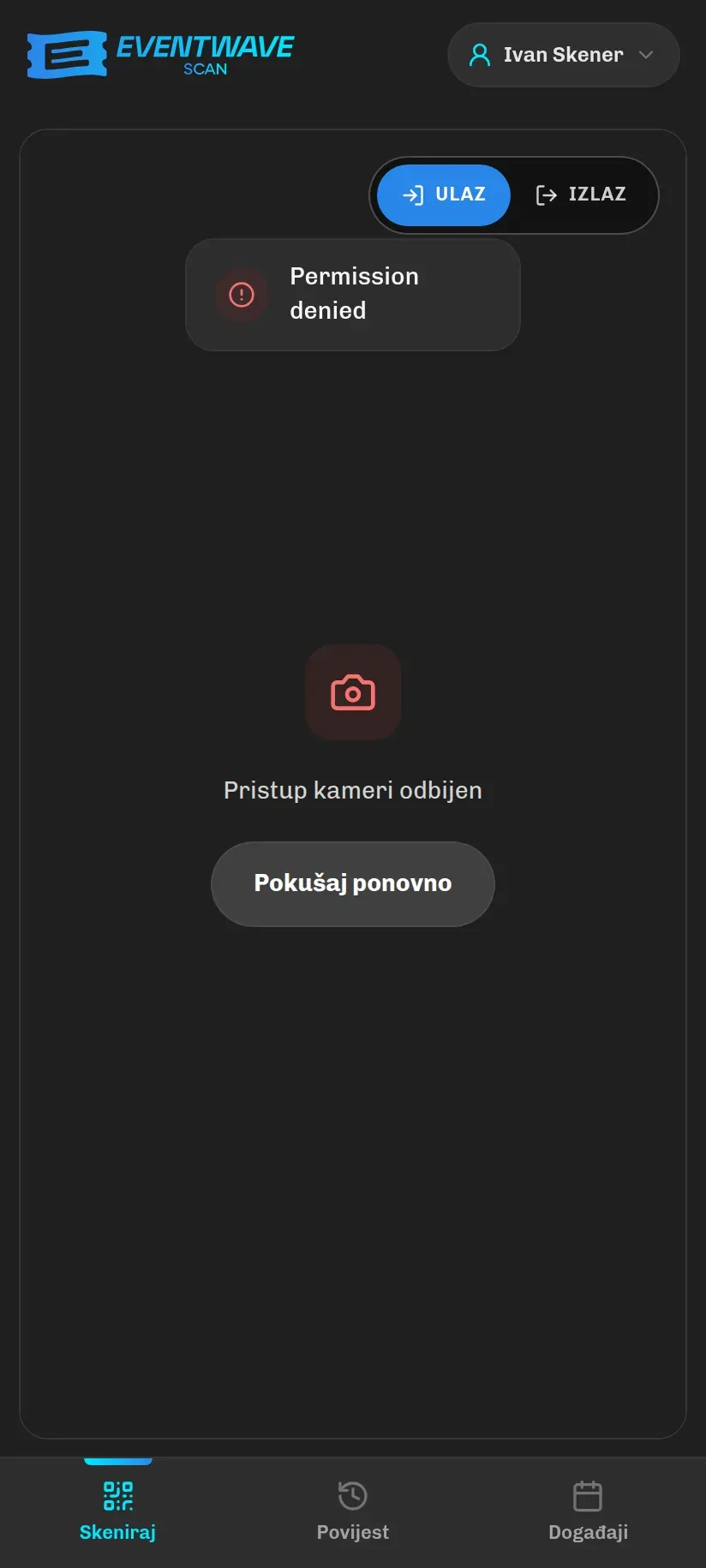Poruka Pristup kameri odbijen s gumbom Pokušaj ponovno