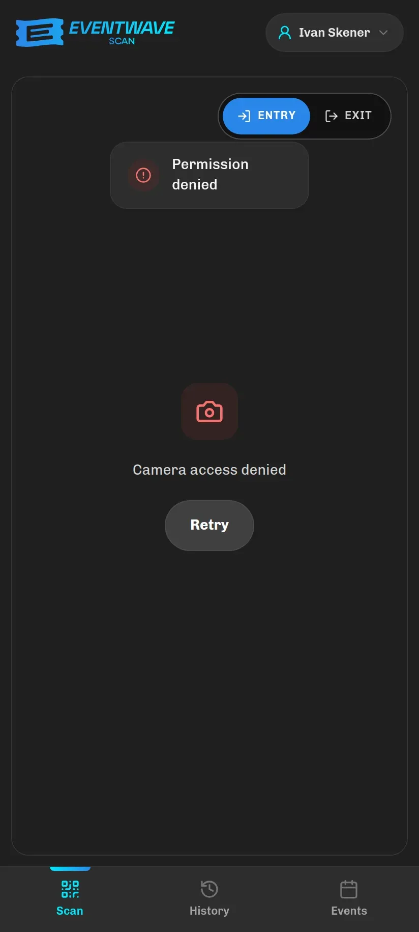 The Camera access denied message with a Retry button