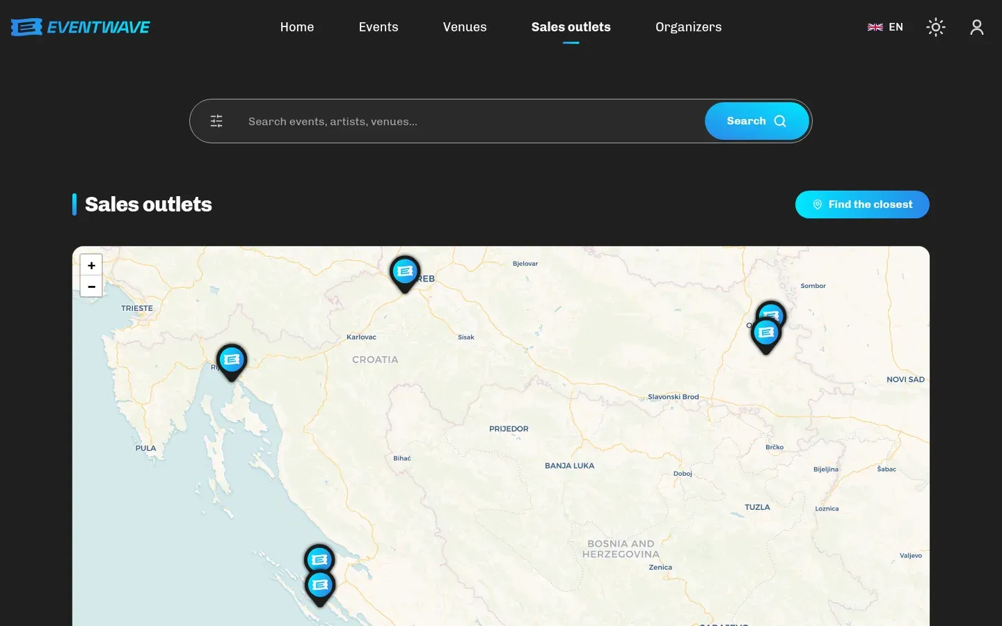 The list of sales outlets with a map, opening hours and contacts