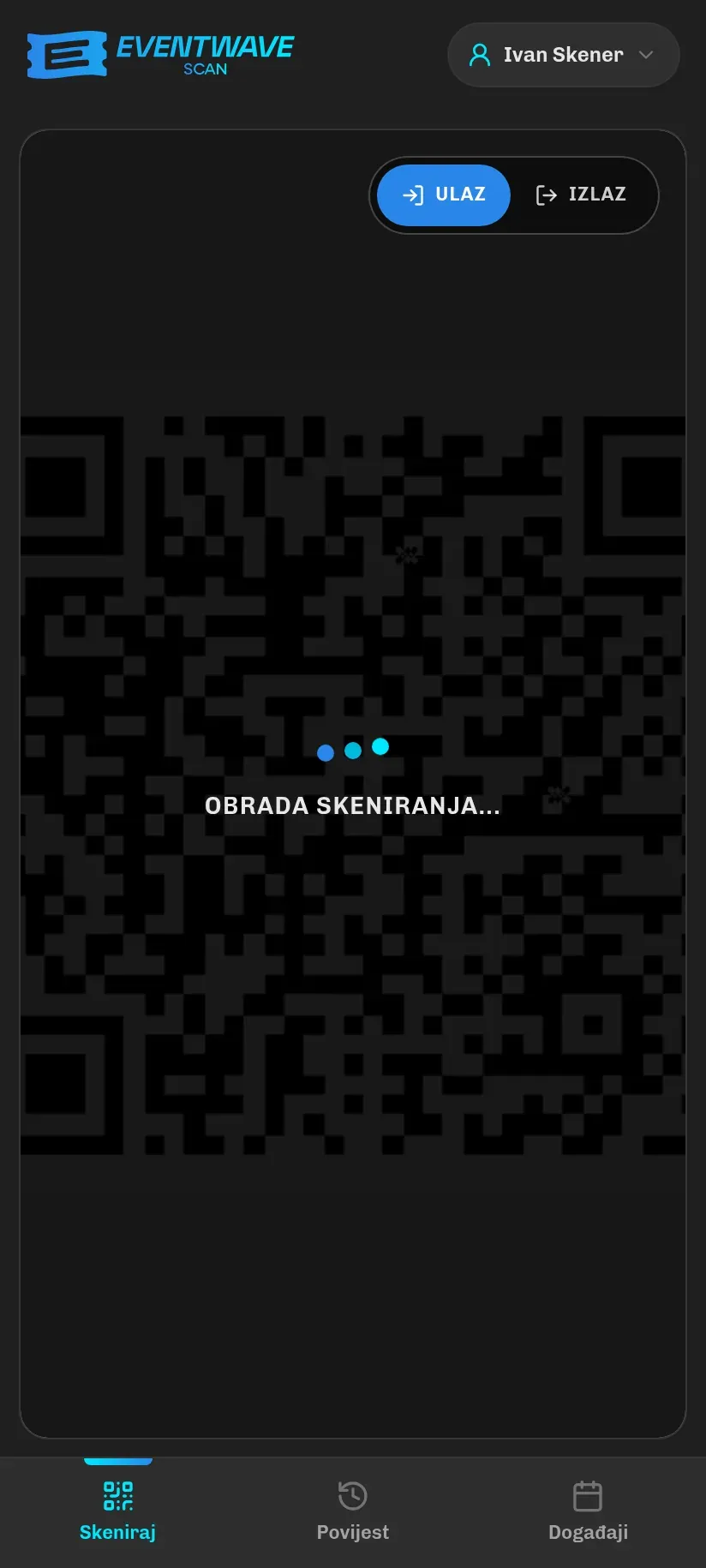 Obrada skeniranja: kod je očitan i šalje se na provjeru