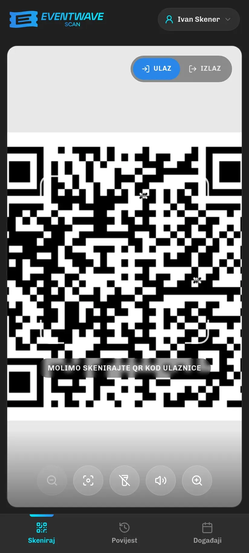 Zaslon za skeniranje: kamera s okvirom za QR kod