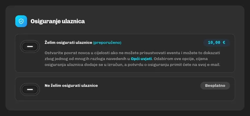 Izbor osiguranja ulaznica na blagajni, osnova za povrat kod spriječenosti