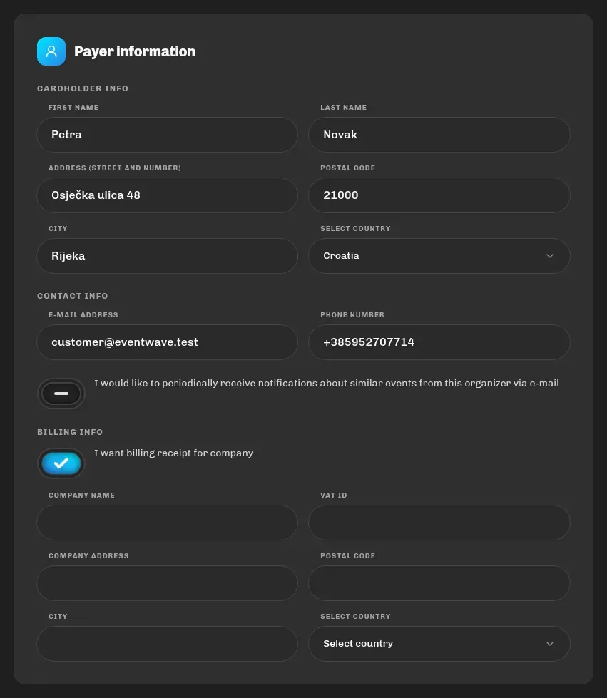 The payer details at checkout with the company (R1) invoice option enabled