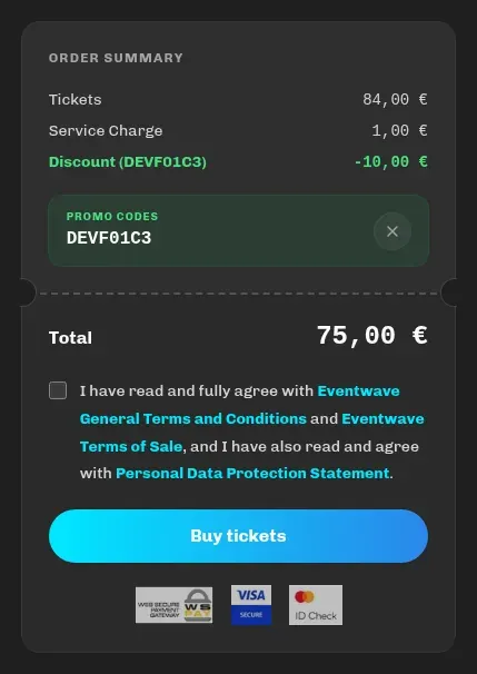Order summary with the service charge, discount and total