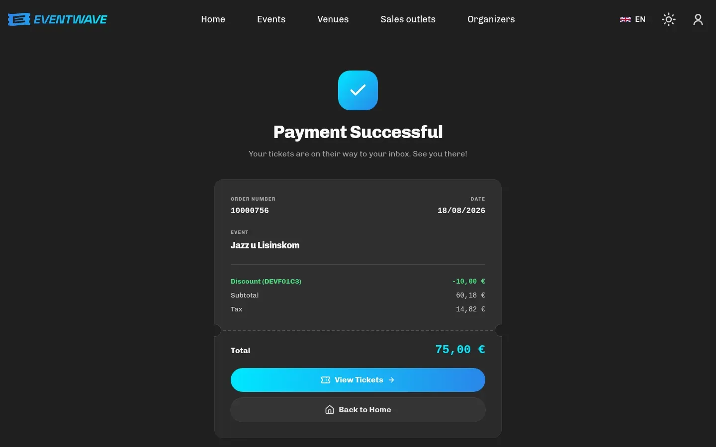 Order page after a successful payment