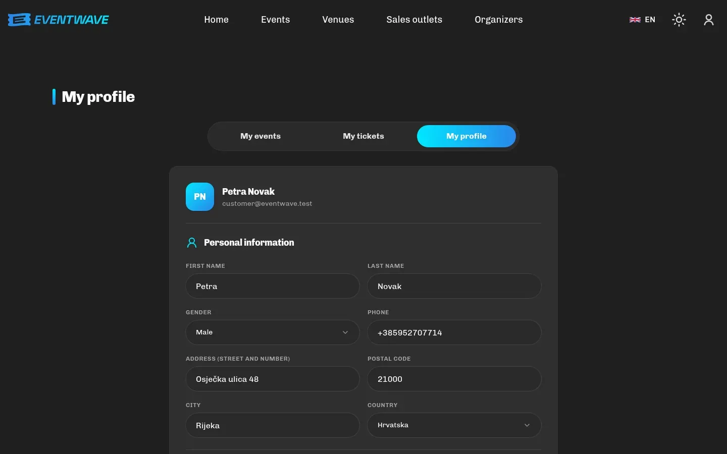 Profile with personal information and password change