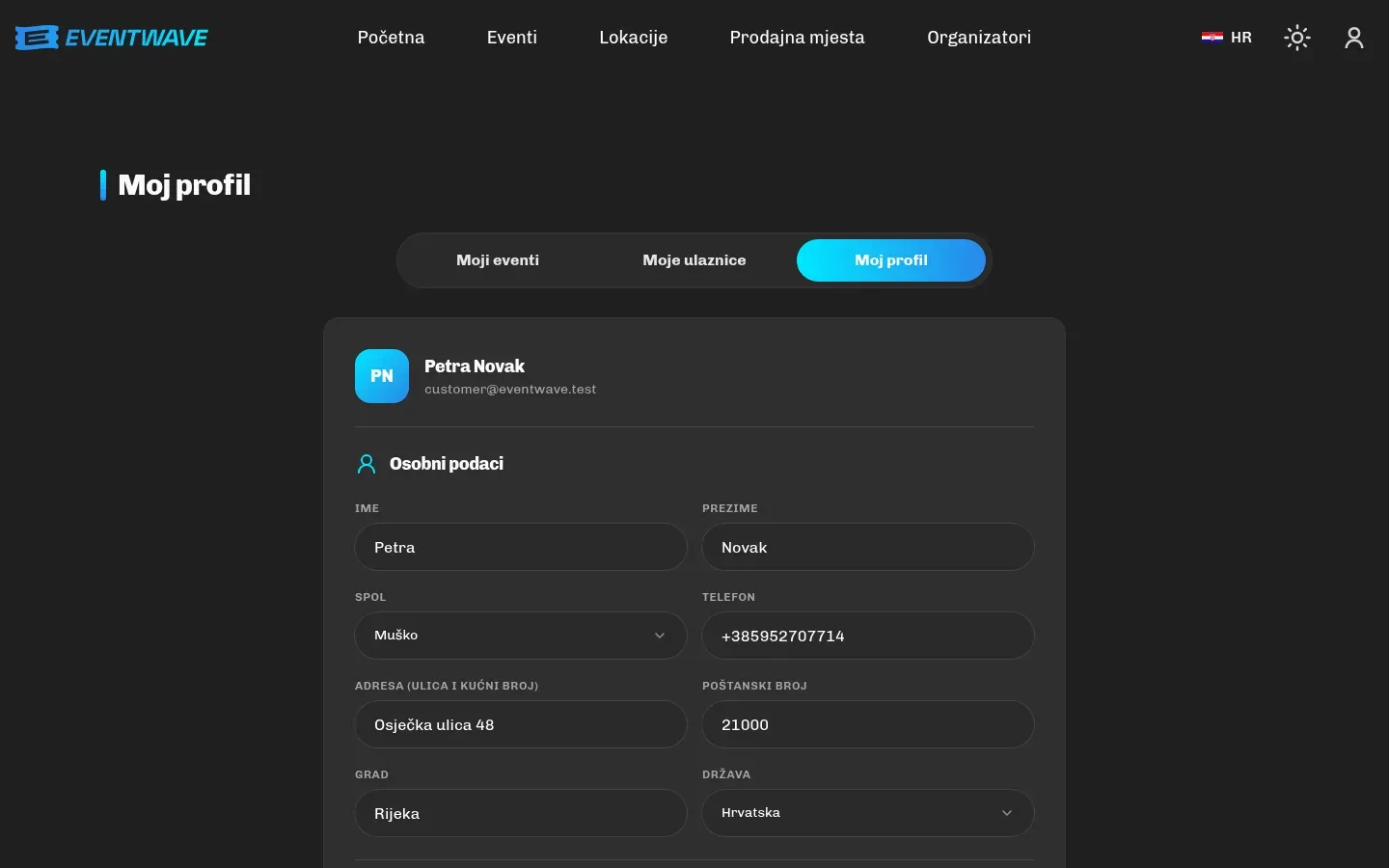 Profil s osobnim podacima i promjenom lozinke