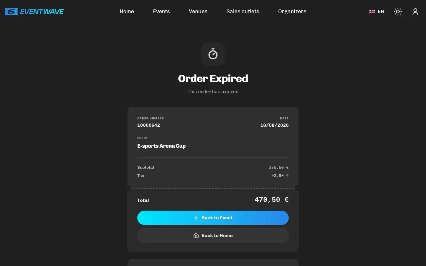 Order page with an expired reservation