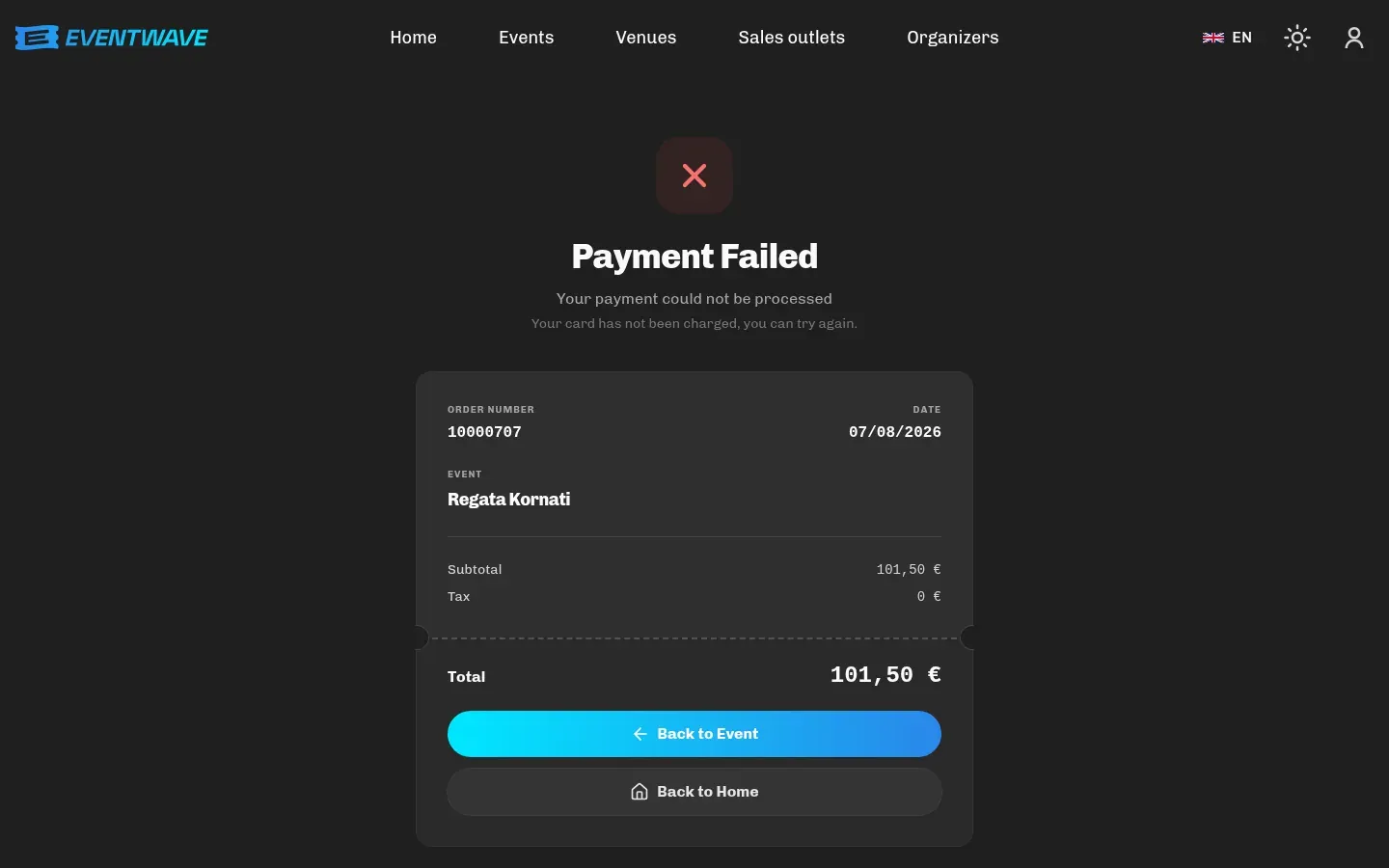 Order page with a failed payment