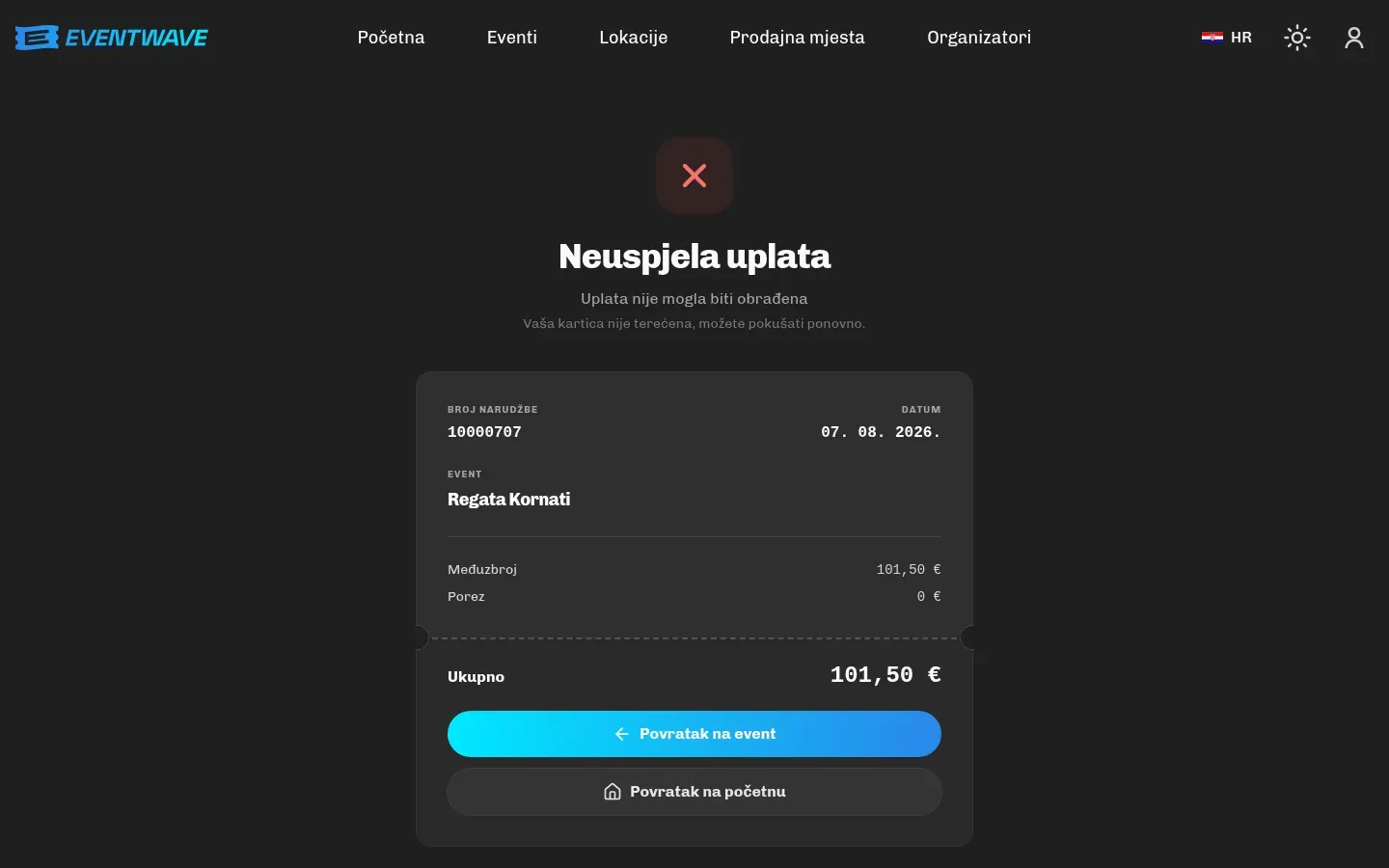 Stranica narudžbe s neuspjelom uplatom