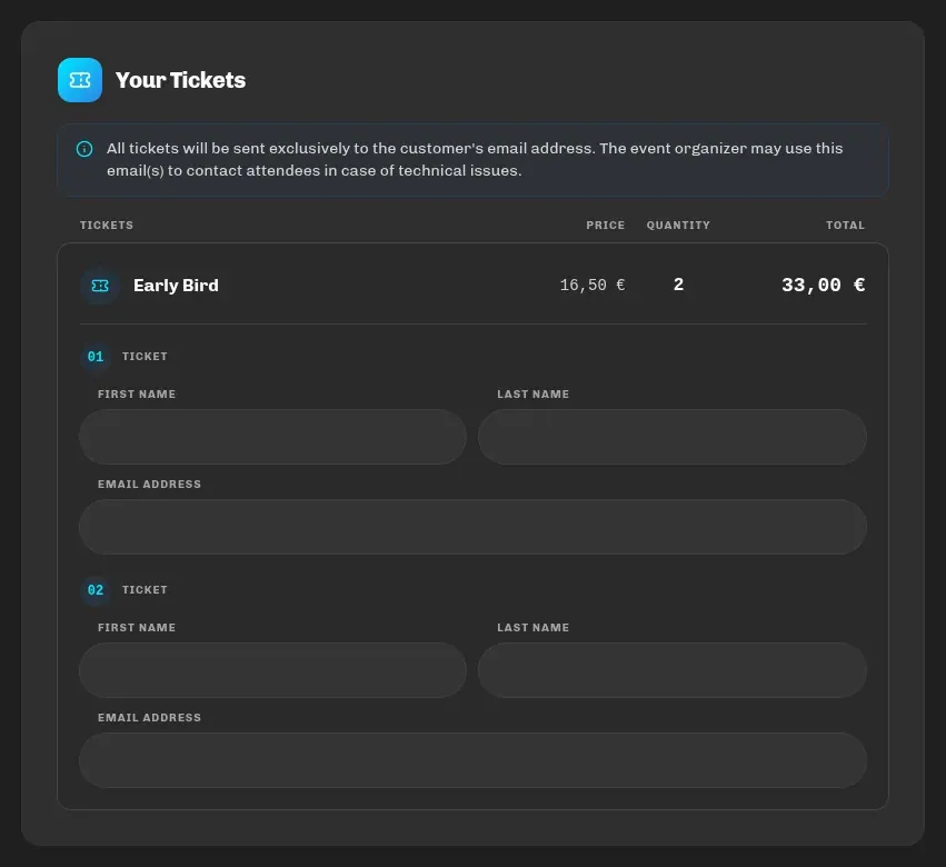 Checkout with first name, last name and email fields for each attendee (personalized tickets)