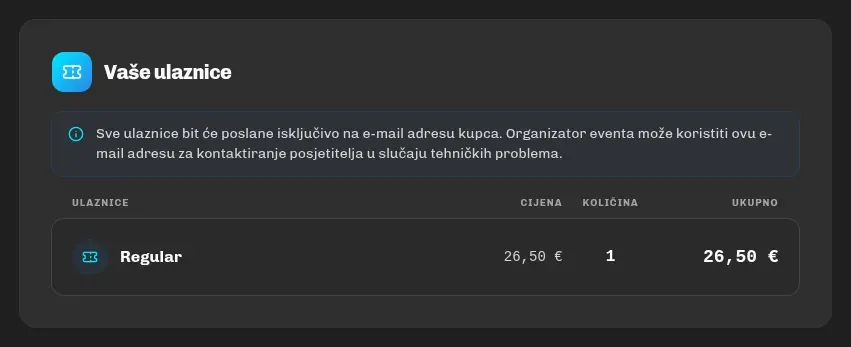Blok ulaznica na blagajni za organizatora koji nije u sustavu PDV-a: stavke „bez PDV-a”