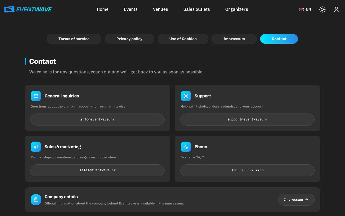 The eventwave.hr contact page with the form and details