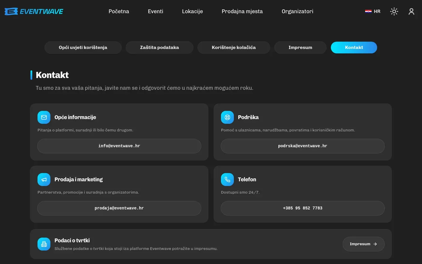 Kontakt stranica eventwave.hr s obrascem i podacima