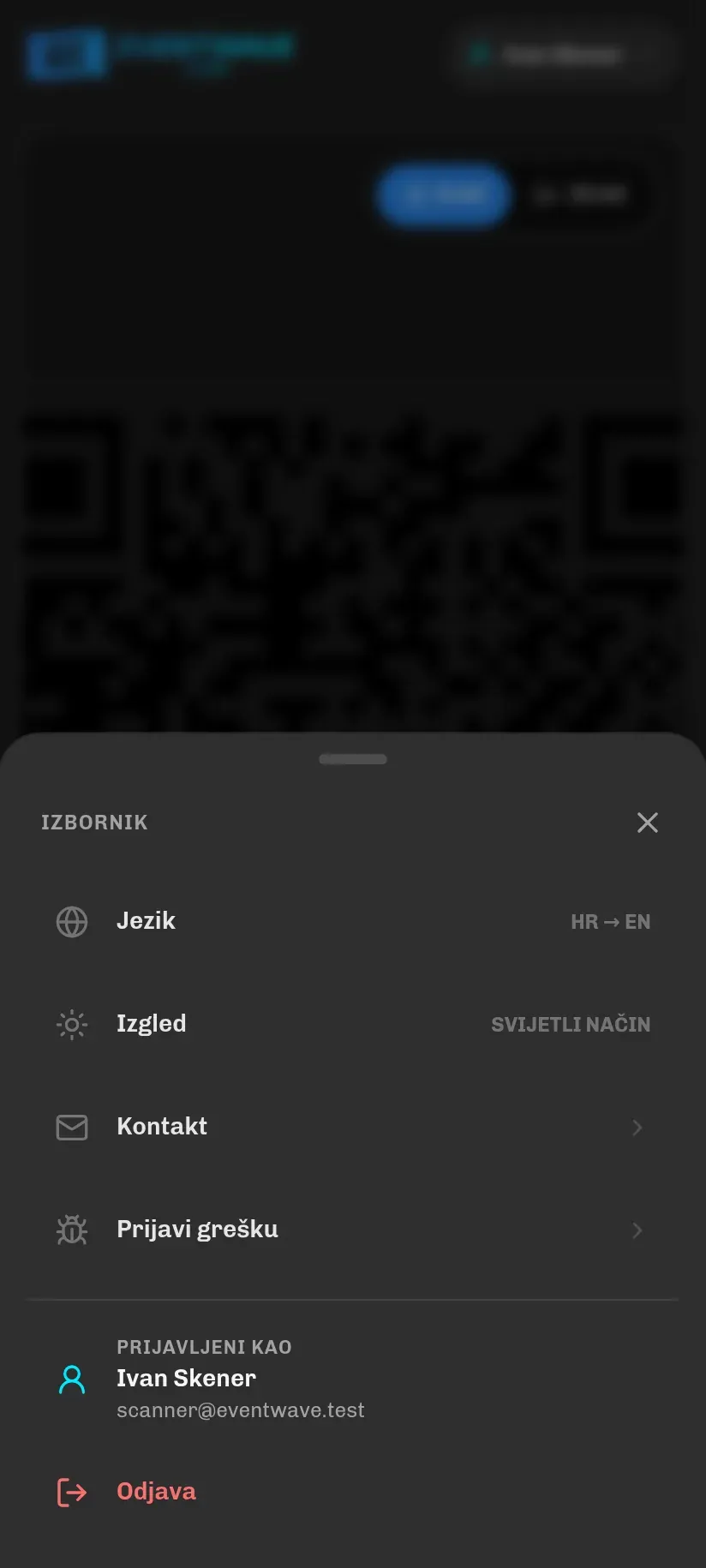 Izbornik s postavkama jezika, teme i odjavom