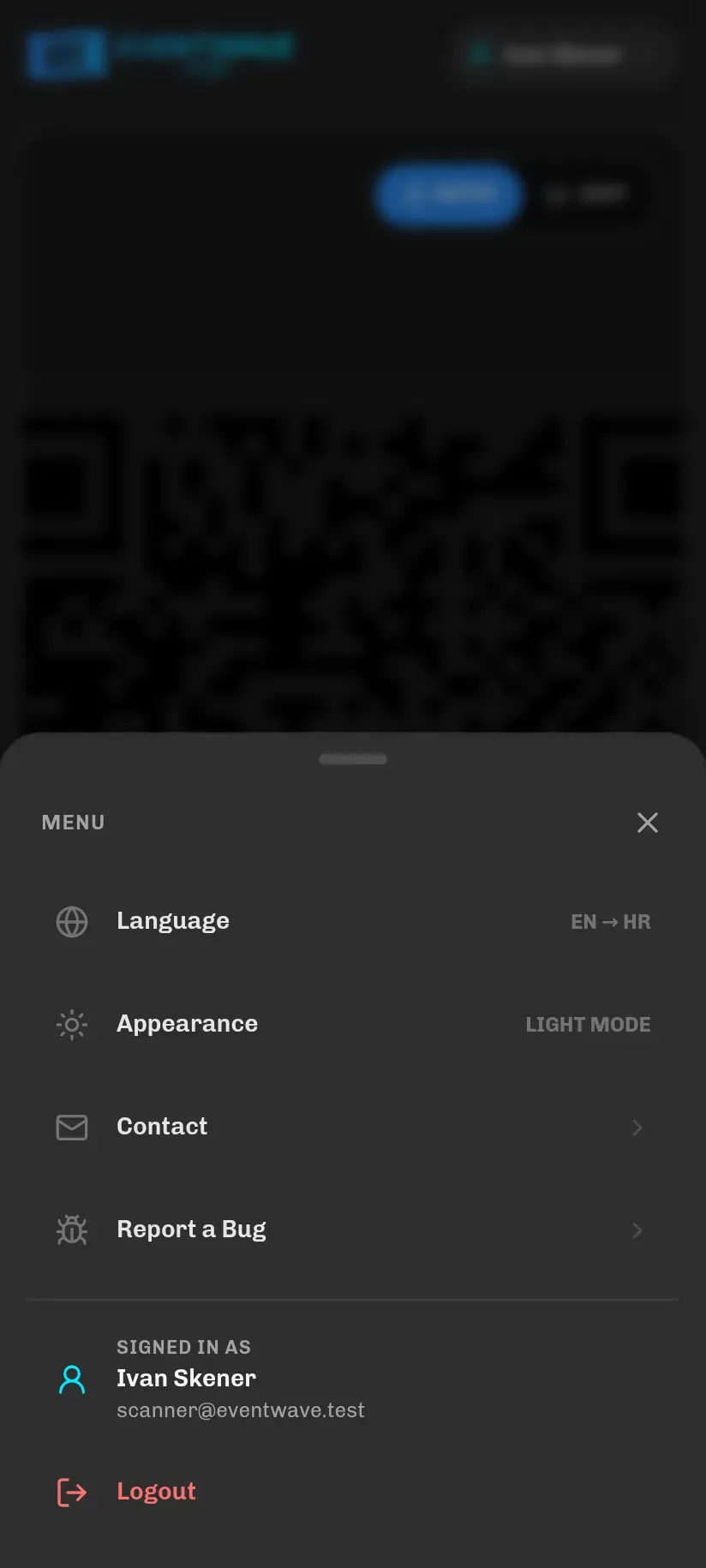 The menu with language, theme and logout options