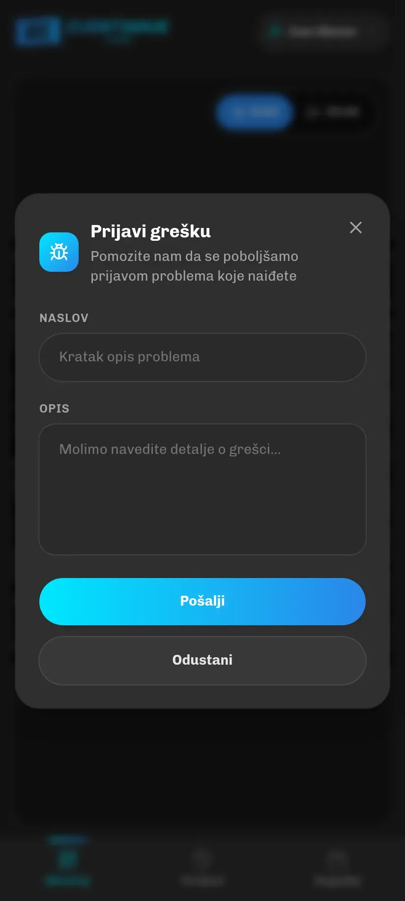 Obrazac Prijavi grešku s poljima Naslov i Opis