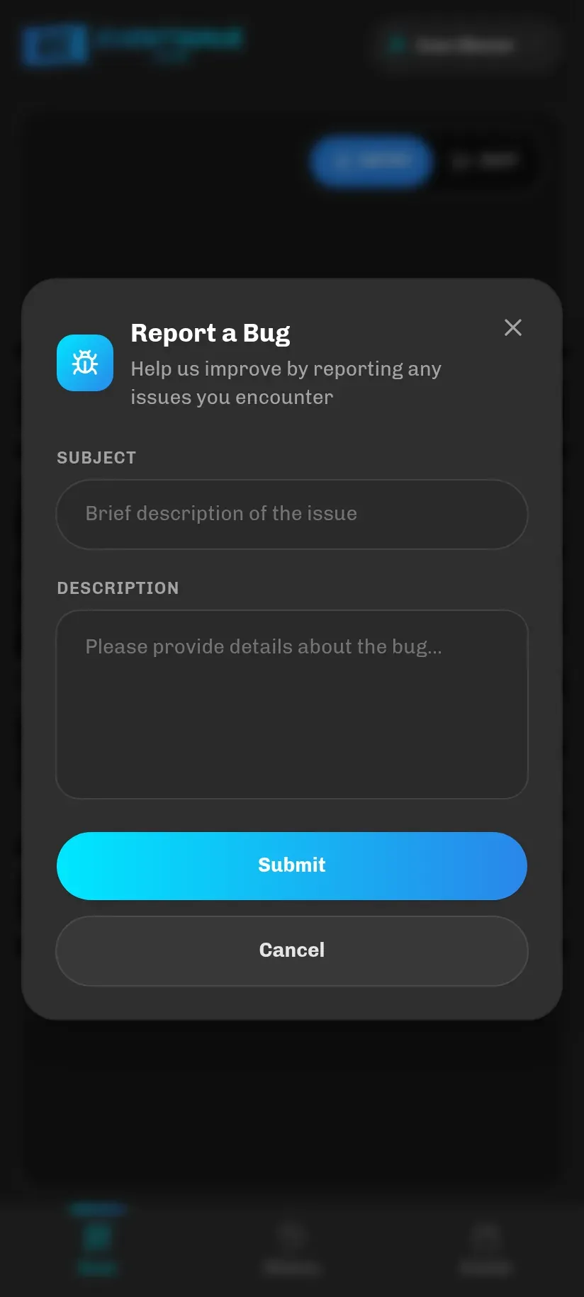 The Report a Bug form with Subject and Description fields