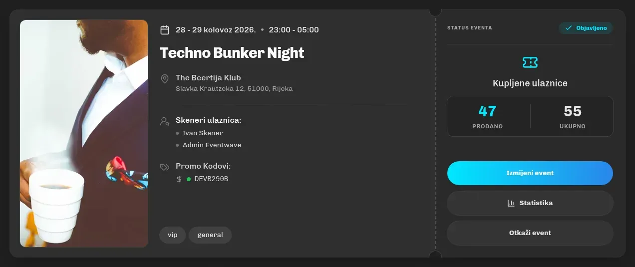 Kartica eventa u Moji eventi s prodajom po kategorijama, brojem skenera i promo kodova