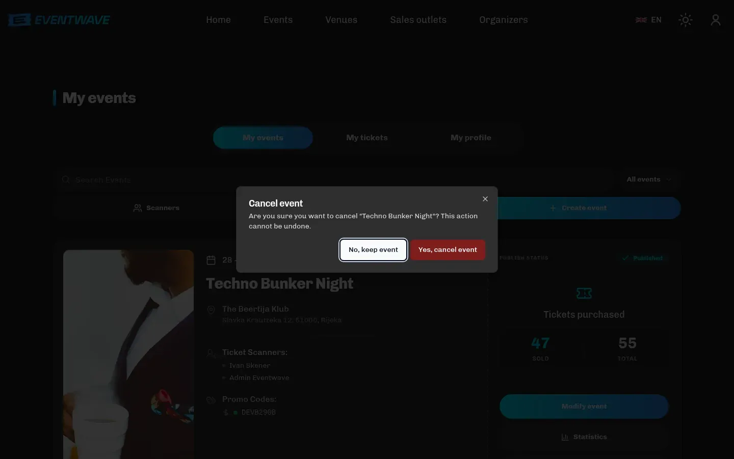 The event cancellation confirmation dialog