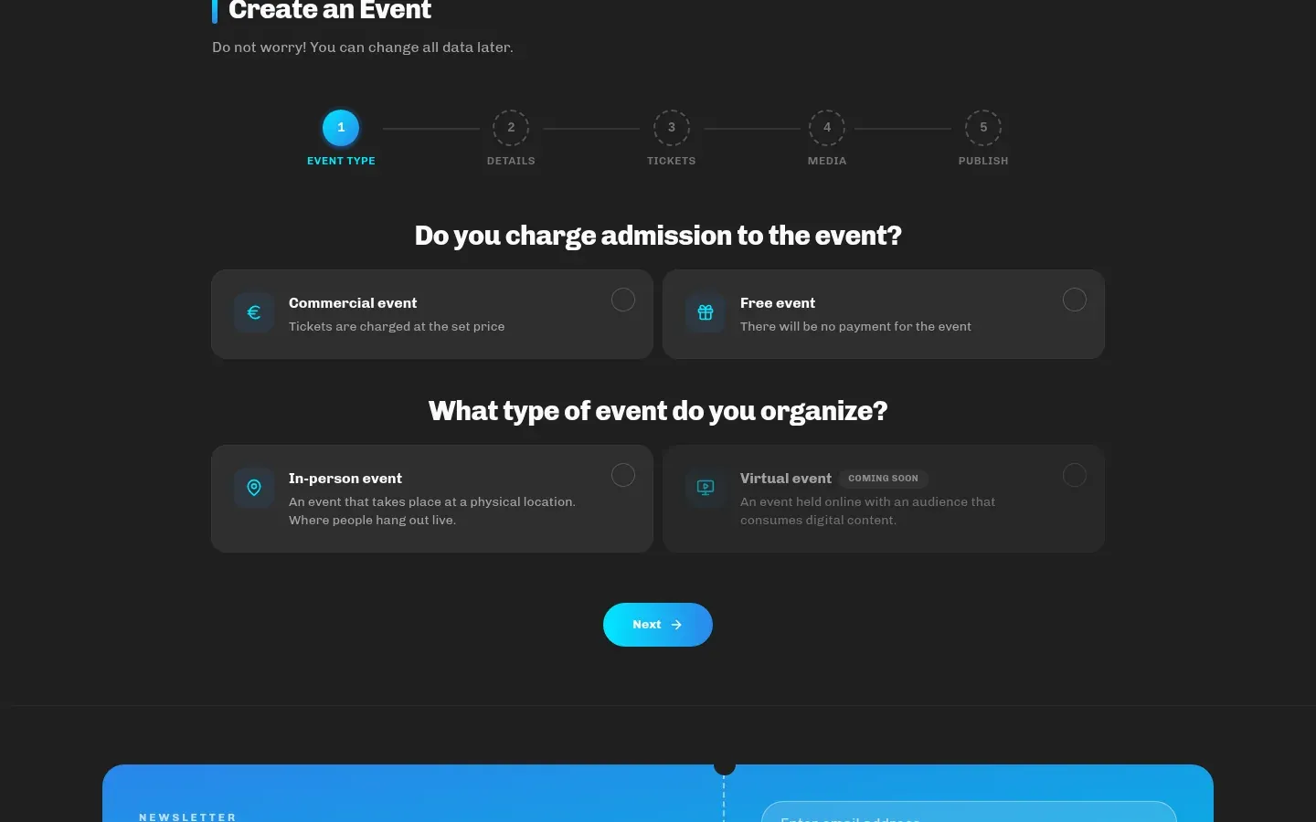 First step of the wizard: questions about charging admission and the event type