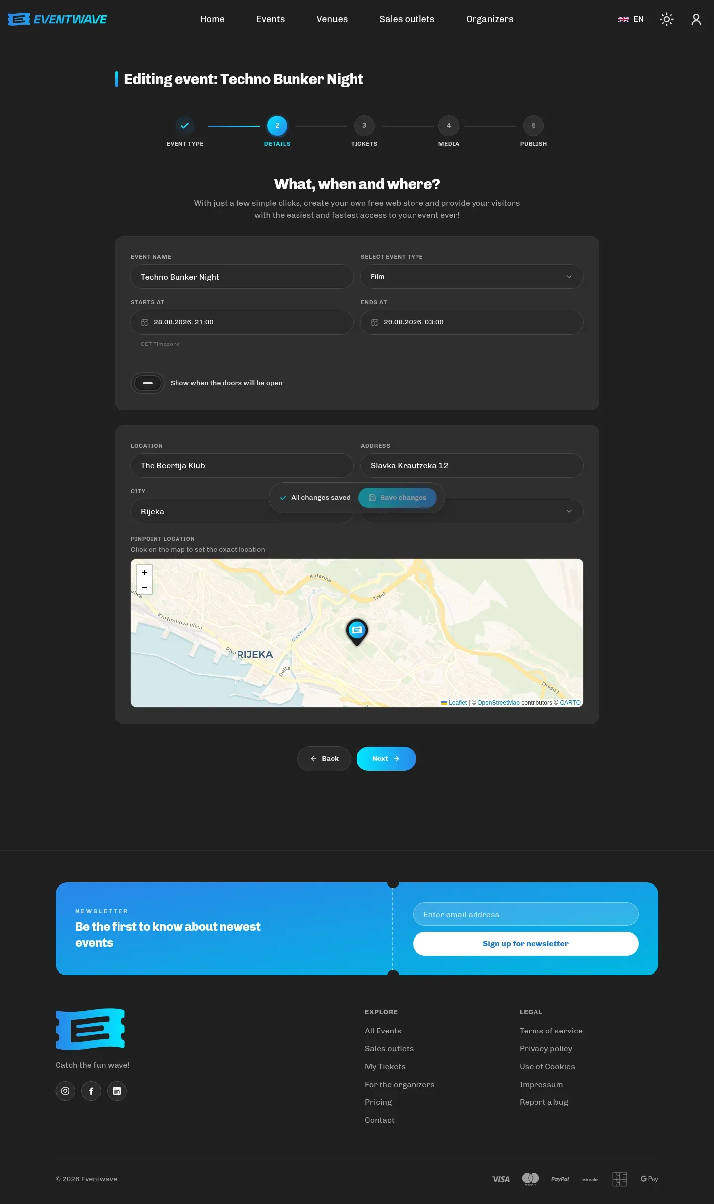 Second step of the wizard: name, category, dates and location with a map