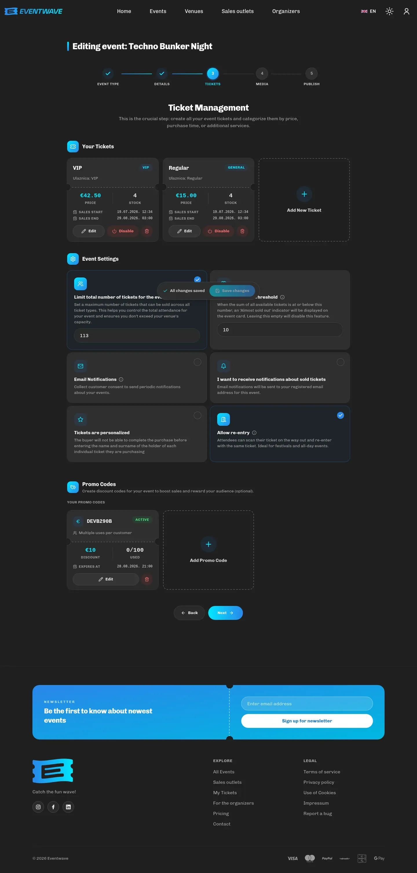 Step 3 with the sales periods and the ticket category toggles