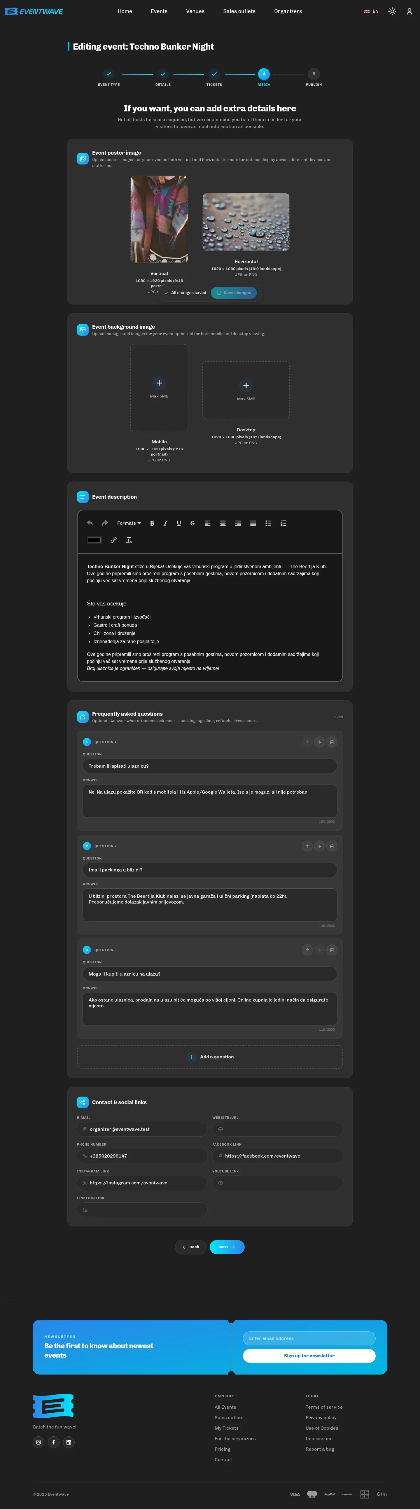 Fourth step of the wizard: images, description, frequently asked questions and contact