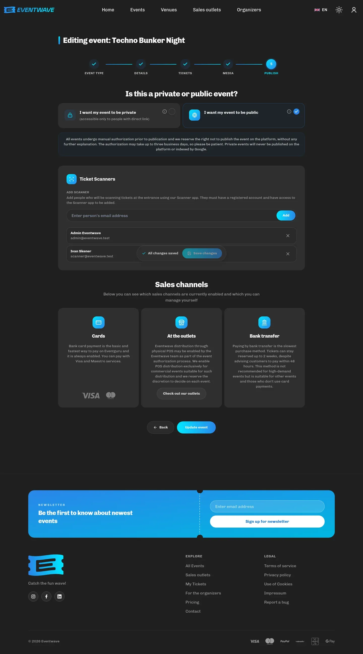 Step 5 of the wizard with the Ticket Scanners section and the list of added scanners