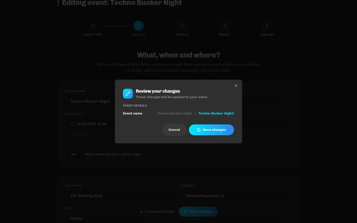 The Review your changes dialog with a comparison of old and new values per field