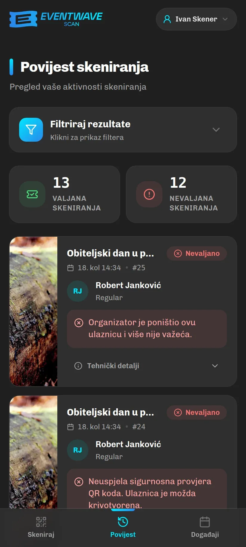 Kartica Povijest s brojačima i popisom skeniranja