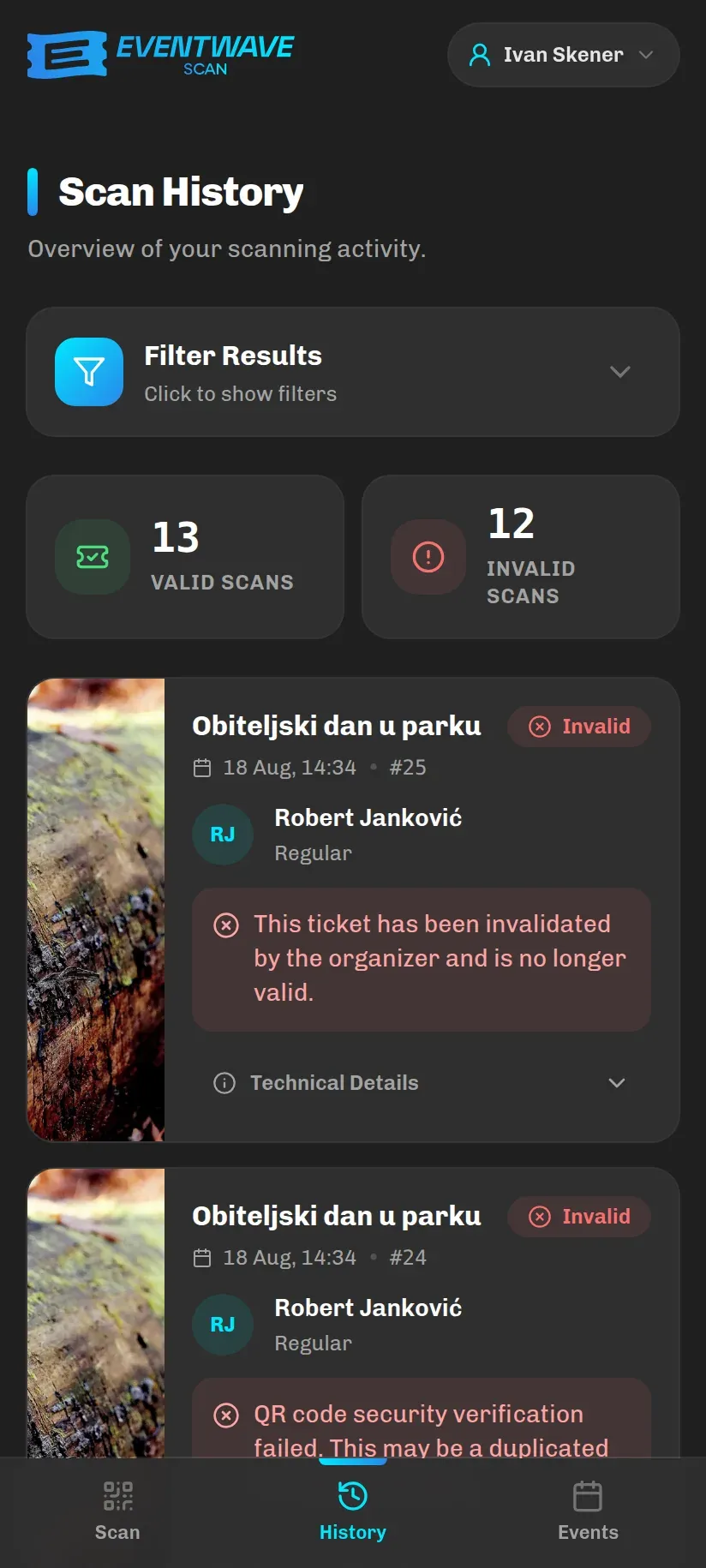 The History tab with counters and the scan list