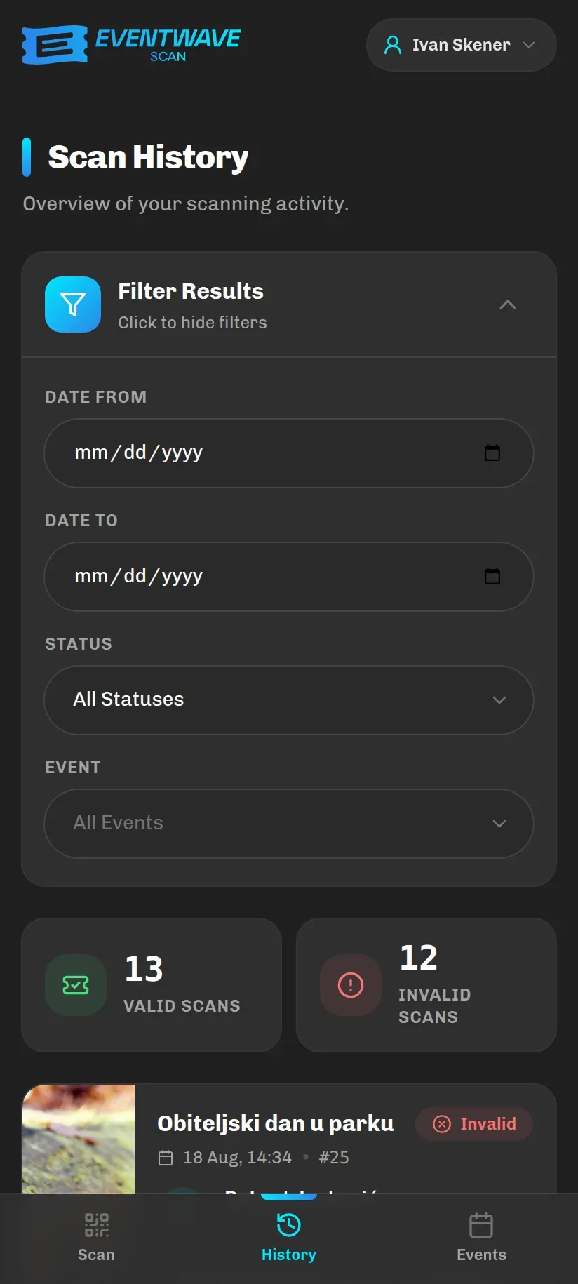 The Filter Results card opened
