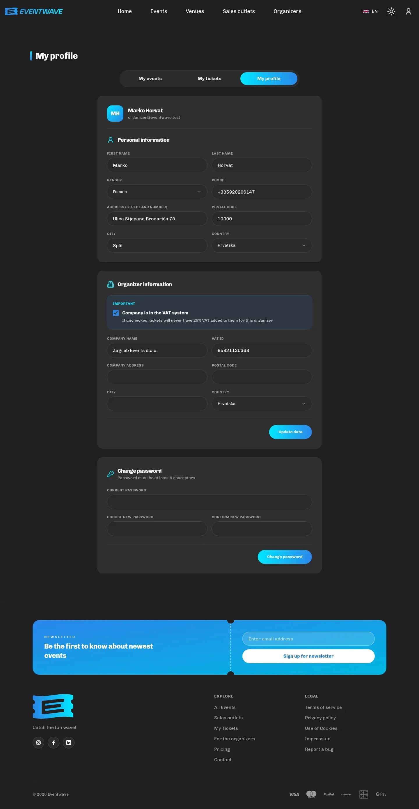 Organizer profile with the Organizer details section: company name, OIB, address and VAT status