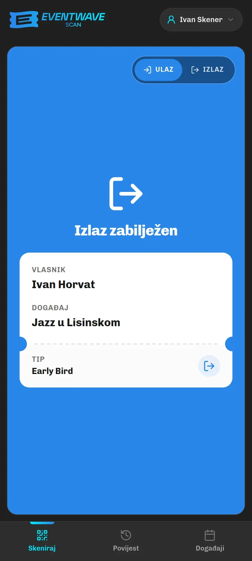 Plavi rezultat Izlaz zabilježen