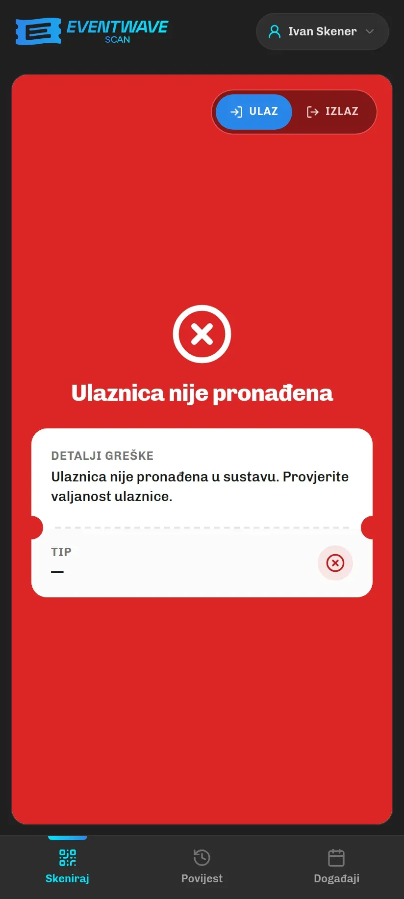 Odbijanje: ulaznica nije pronađena u sustavu