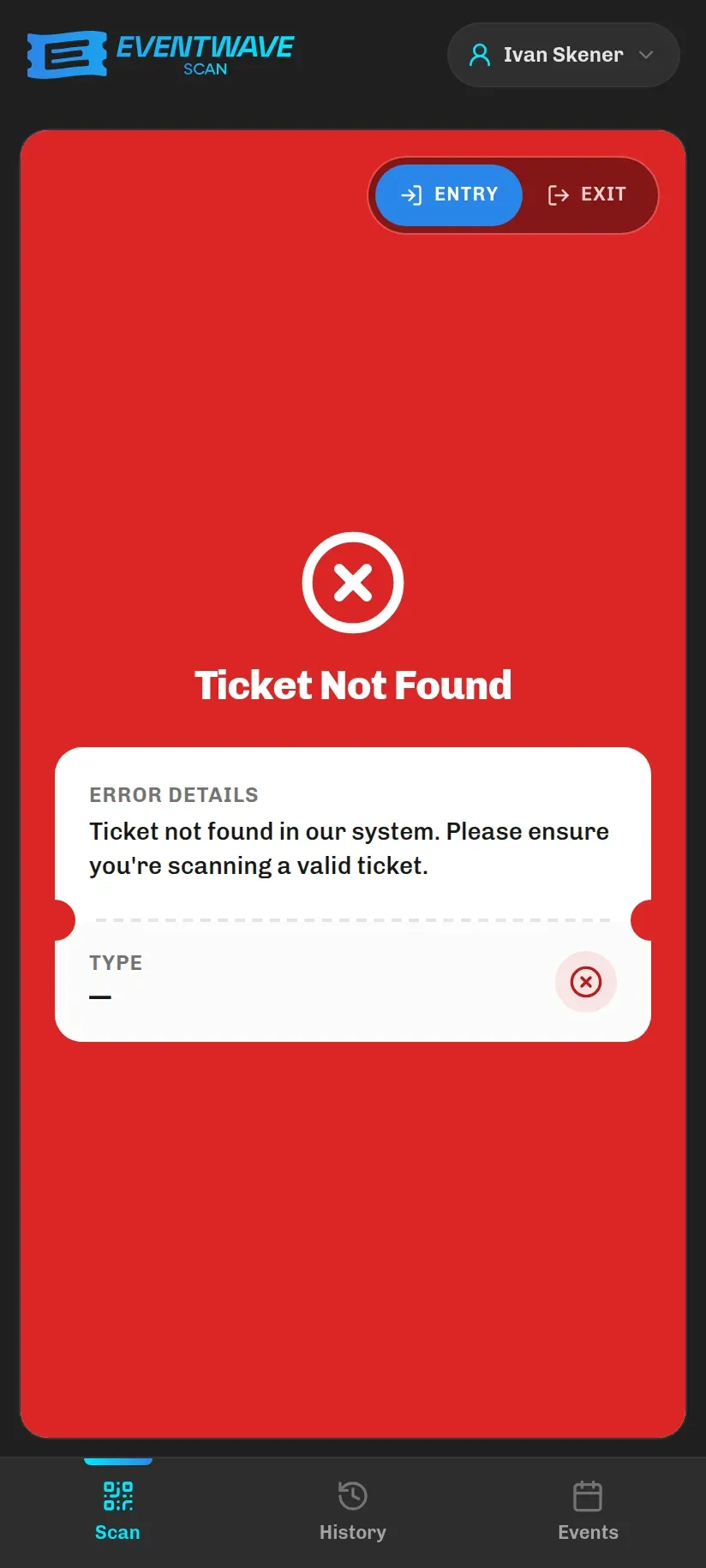 Rejection: ticket not found in the system