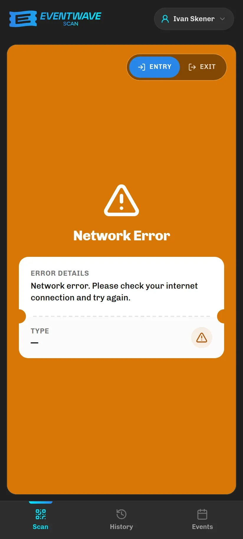The yellow Network Error warning