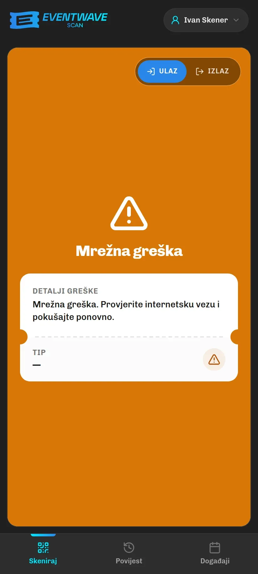 Žuto upozorenje Mrežna greška